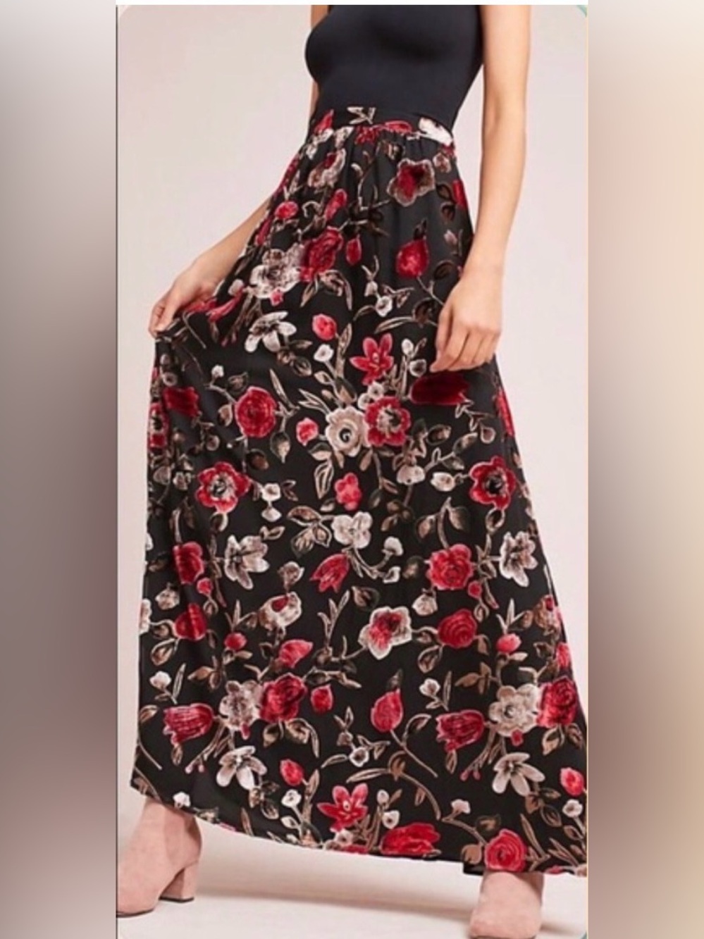 Anthropologie Isla Maude Floral Velvet Burnout Maxi Skirt Size SP Black Red
